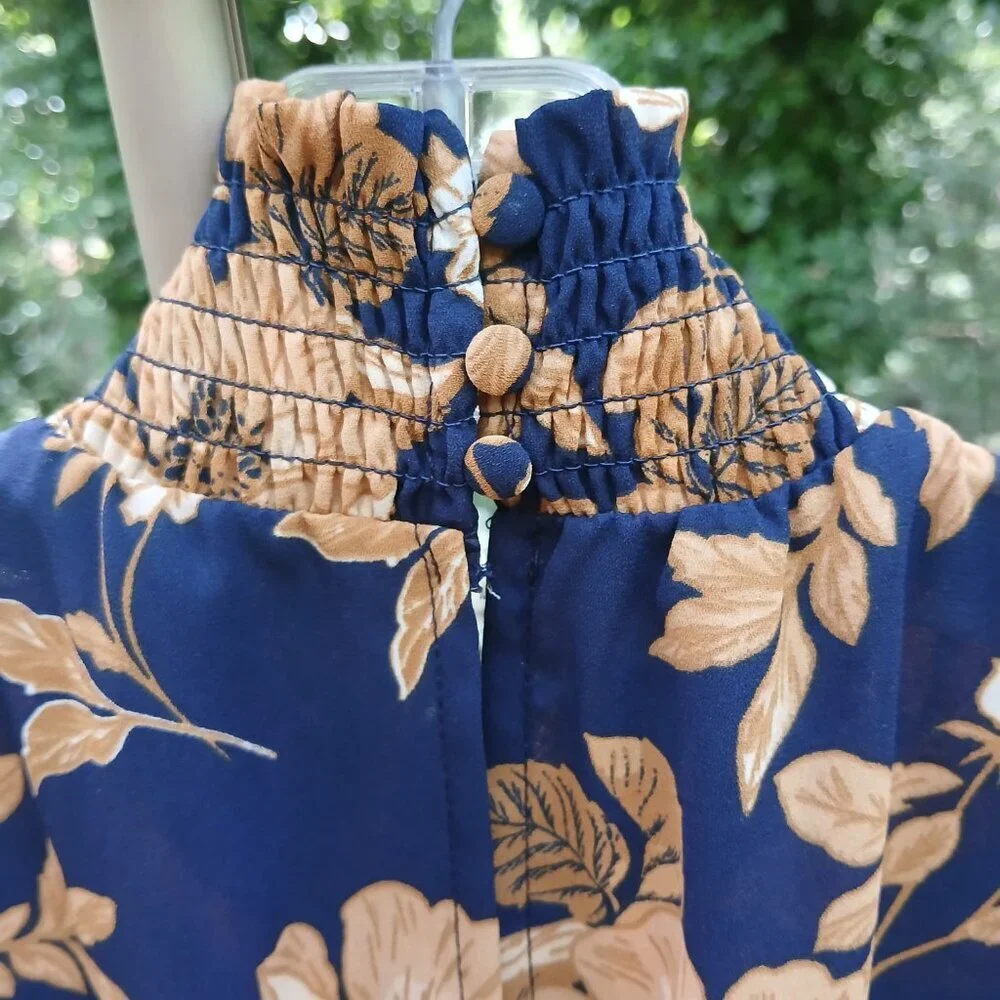 N Lepore Sleeveless Gold Floral on Navy Midi Dress with Shirring & Ruffles Sz 4